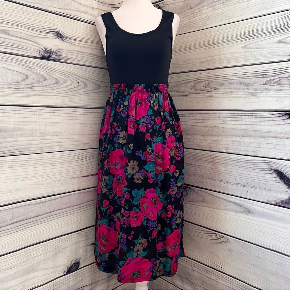 Vintage Black & Pink Floral High Waist Midi Skirt
